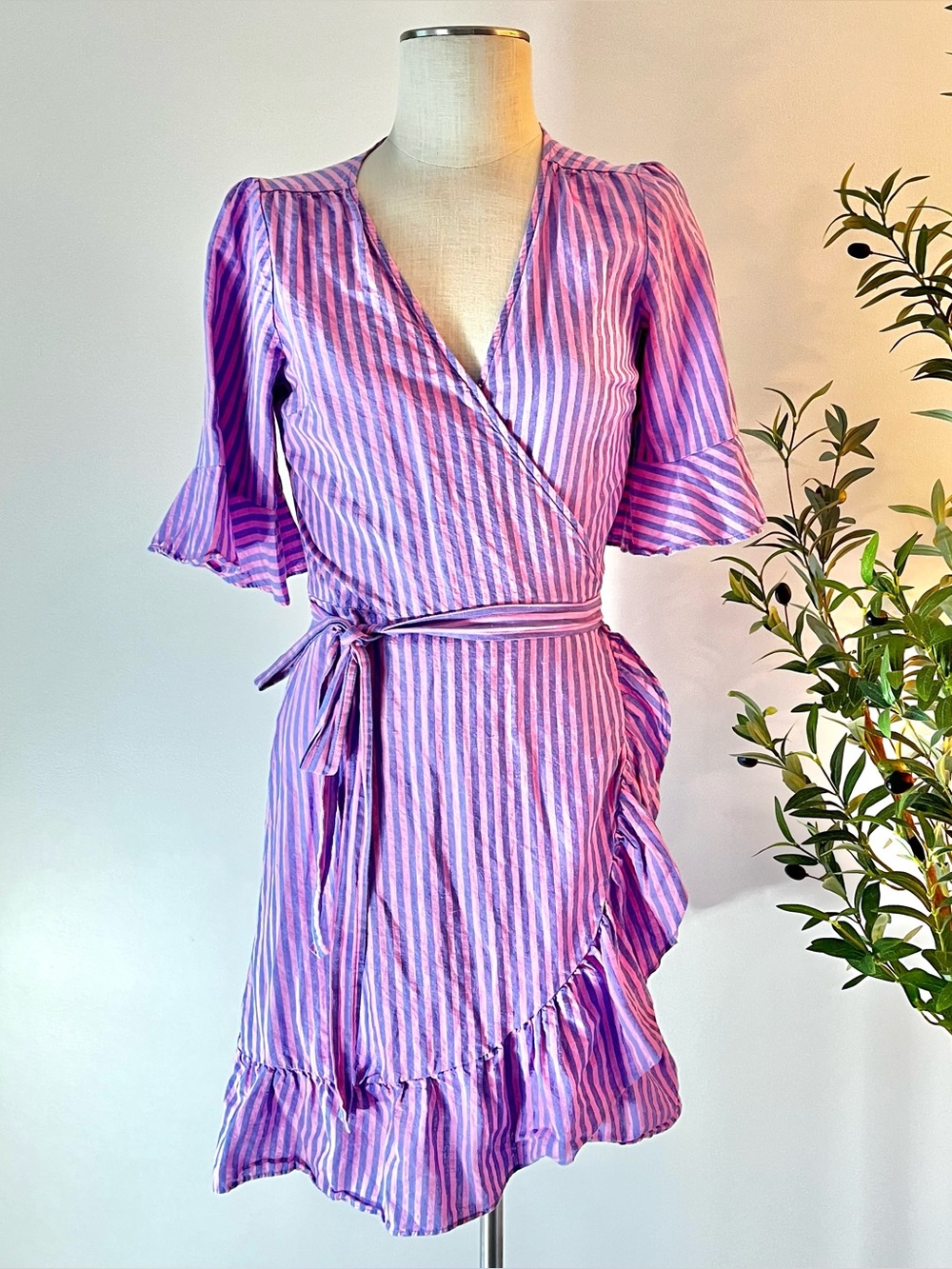 Linen Purple and pink Striped Wrap Dress with Ruffle Hem